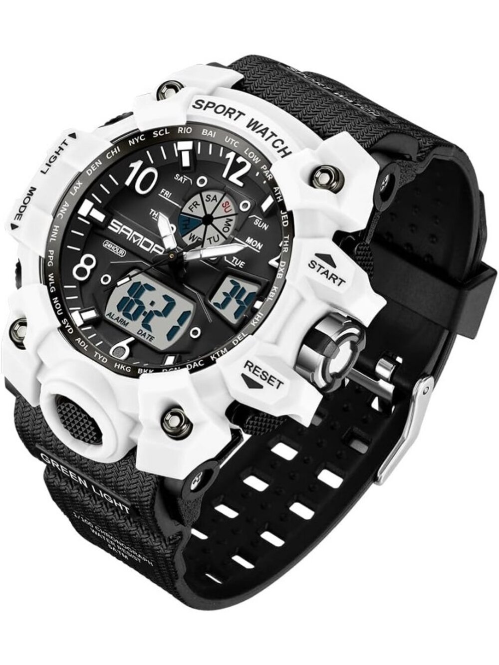 Women's White Black Digital LED Light Large Face Analog Multifunctional Watches